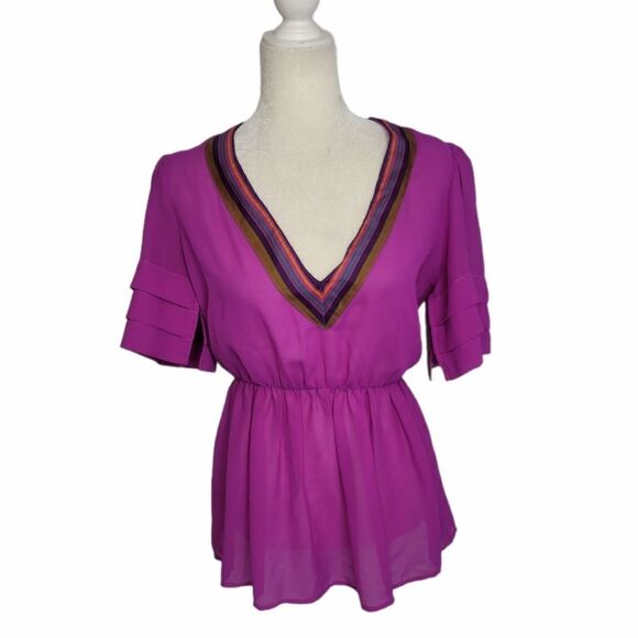 VINTAGE 70s blouse purple Urban Renewal peplum v-neck S - Picture 1 of 12